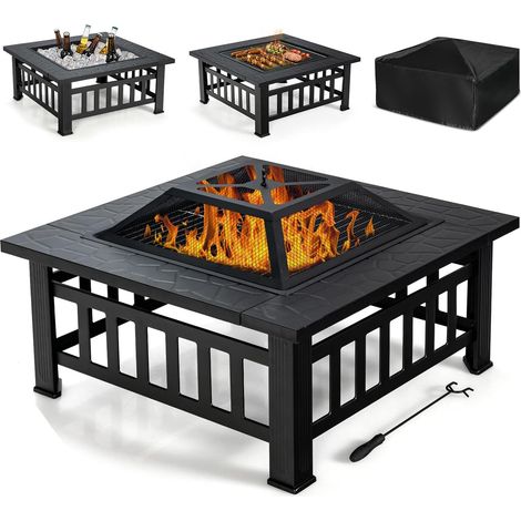 GOPLUS Brasero de Jardin Carré en Fer,Table de Foyer Maille et Couvercle Pare-étincelles avec Tisonnier Long,Grand Bac de Rangement pour Chauffage et Barbecue Glacière 81x81x50cm (Noir) (1/5)