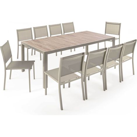 Table jardin céramique effet bois 206 cm avec 10 chaises crème - Tivoli