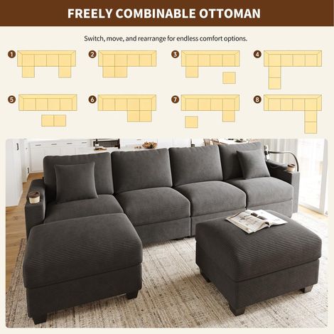 Canapé d’angle modulable en U avec fonction couchage, canapé en velours côtelé avec support téléphone et ports USB, pour salon ou chambre (gris) (1/5)