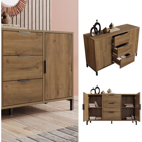 Commode avec 2 portes et 3 tiroirs, bufet, hauteur de table pour chambres et tous les salons, 120 x 40 x 76 cm en chêne foncé