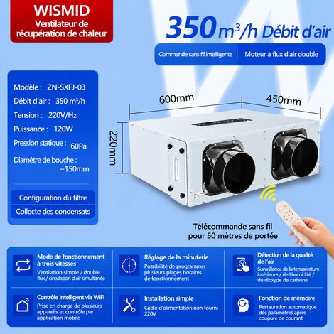 Système de ventilation VMC double flux intelligent 350 m³/h 220V contrôle indépendant 350 réf 3083 40 kg – Livraison gratuite