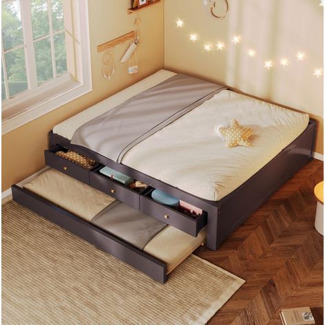 Letto estraibile 140x200 cm in legno color caffè, 3 cassetti, salvaspazio, senza materasso – MEUBLIV (1/5)