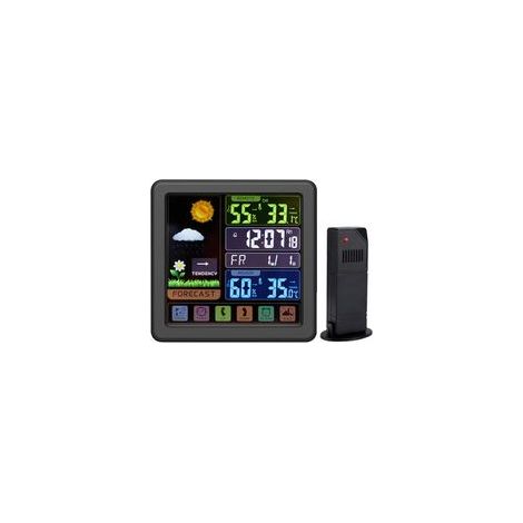 (Noir) Station météo couleur sans fil avec écran tactile complet, horloge météo multifonction sans fil, sécurité enfant, port USB et écran LCD couleur (1/3)