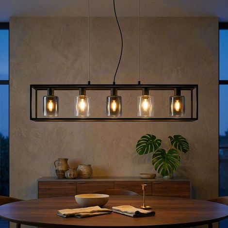 Lampada a sospensione MATERA E14 5x10W metallo nero sabbia, vetro fumé trasparente H: 150 cm L: 95 cm L: 18 cm dimmerabile (1/5)