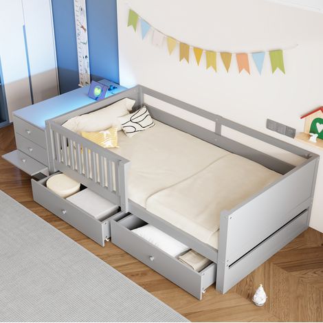 Lit mezzanine enfant 90x200cm gain de place avec rangement indépendant, LED, prise, bureau, bois - gris (1/5)