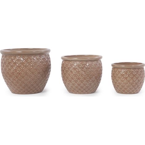 Maceta de cerámica artesanal beige Ø 30,5 cm con relieve de monedas y drenaje (1/5)