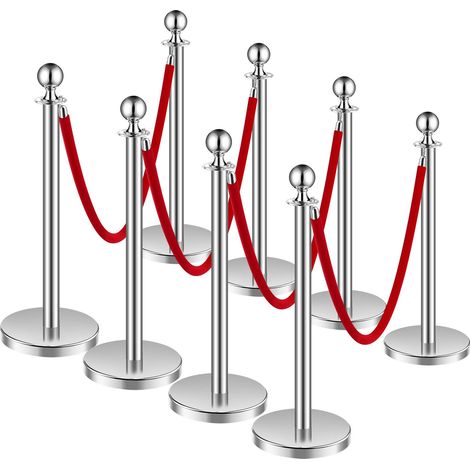 Ensemble 8 Poteaux de Guidage en Acier Inoxydable Argent 1,5 m avec 4 Cordes en Velours Rouge, Base Creuse à Lester pour File d'Attente Théâtre Mariage Exposition (1/5)