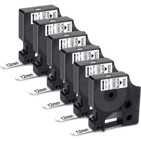 6 Rubans Étiqueteuse Compatible Dymo 12mm x 7m Noir sur Blanc Lot de 6