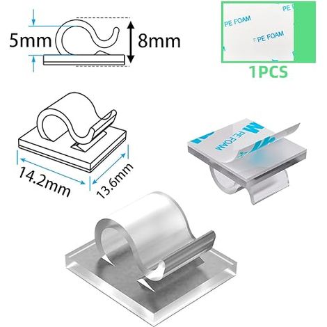 Strong Clear Self Adhesive Cable Clips with Back for Wires, Chargers and Headphones - Space-Saving Adhesive Cable Clips for Walls, Offices, Home and Office (1/5)