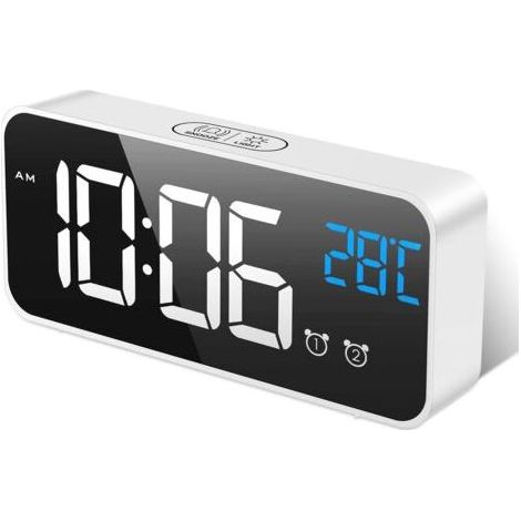 Digitaler Wecker mit Spiegel, großem LED-Display, Temperaturanzeige, Schlummerfunktion, 2 Alarmen, einstellbarer Helligkeit und Lautstärke, akustischer Aktivierung und USB-Ladefunktion für Zuhause ode (1/5)
