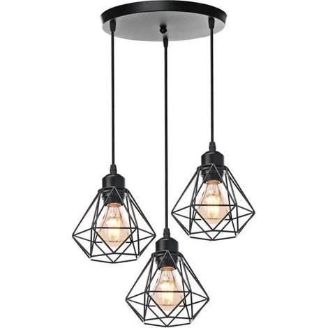 U-DO Lustre Vintage 3 Luminaires Suspension Filaire Ajustable Industriel Lampe Cage forme Diamant en Fer Noir (1/4)