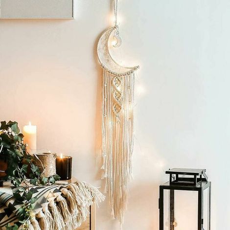 Tapisserie murale en macramé avec lumière LED, attrape-rêves en forme de lune tissée –