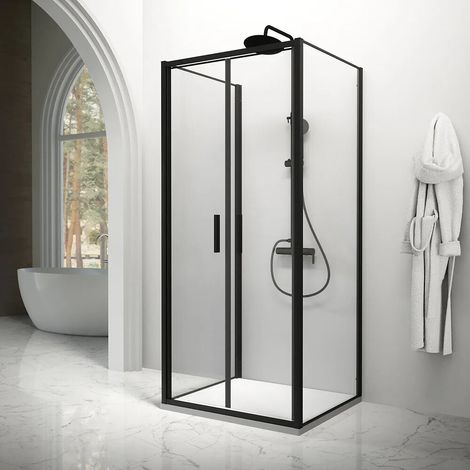 Cabine de douche trois côtés 90x100x90cm avec porte saloon profilés noir mat et verre transparent 6mm h190 Portofino (1/4)