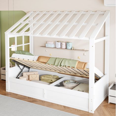 Cama infantil cabina 90 x 200 cm con techo, ventana y almacenaje hidráulico, blanco OKMYHOME (1/5)