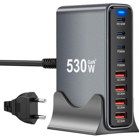 530W USB C Ladegerät, 8 Ports Schnellladegerät Ladegerät für MacBook Pro/Air,iPad Pro/Air,Sumsung USW-Schwarz (1/5)
