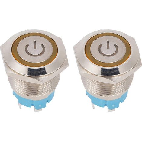 2-teiliger Drucktaster, 19 mm runder Flachkopf, Edelstahlgehäuse, IP65 wasserdicht, 12-24 VDC, gelbe Kontrollleuchte, 4 Pins. (1/4)