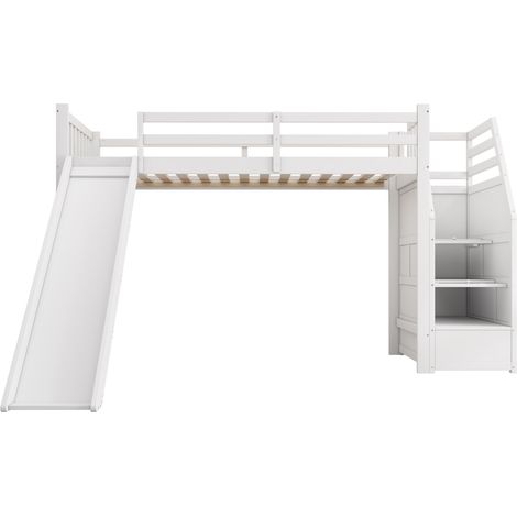 Kinder-Hochbett 90 x 200 cm mit Rutsche und Stauraumtreppe, Weiß (1/5)