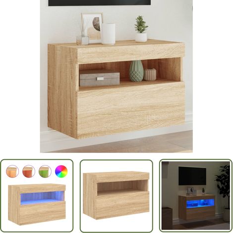 The Living Store Meuble TV mural avec lumières LED chêne sonoma 60x30x40 cm - Meuble Tv Mural - Armoire Tv Suspendue - Étagère Murale - Éclairage Led Rgb - Rangement Mural (1/5)