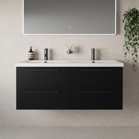 Napoli 390 Matt Black 1200mm Wall Mounted 4 Drawer Vanity Unit with Double Glide Basins - 1200mm - Gunmetal Grey 320mm Handle
