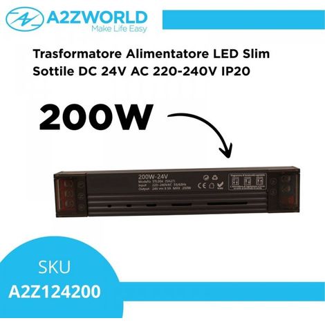 Trasformatore Alimentatore LED Slim Sottile 200W DC 24V AC 220-240V IP20 Dimmerabile a DIP con Coperchio Protezione su Morsetti 197x35x25mm