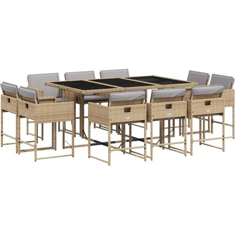 vidaXL Set Pranzo da Giardino 11 pz con Cuscini Beige Misto Polyrattan
