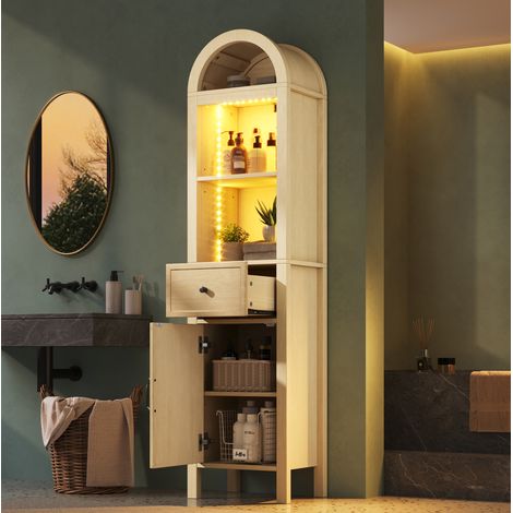 Armario alto de baño 163 cm con LED RGB, puerta reversible, MDF, color madera natural, OKWISH (1/5)