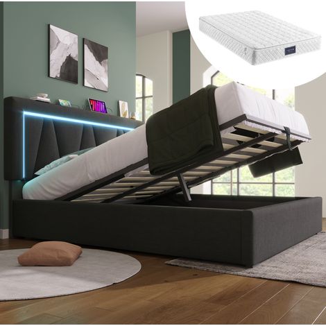 Bett 140x200 cm modern mit Stauraum, verstellbarem Kopfteil, USB-C, LED, Leinenstoff grau, Lattenrost und Matratze (1/5)