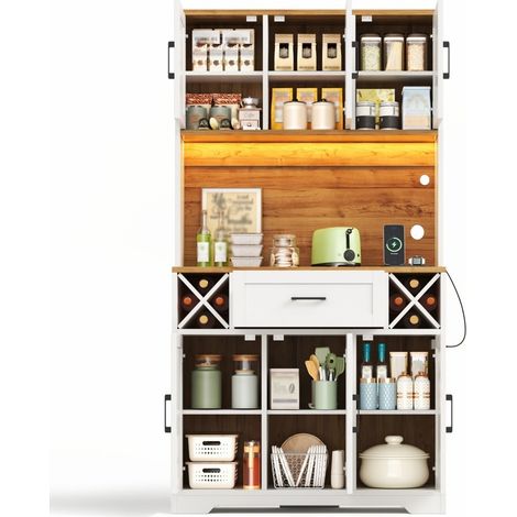 Buffet haut de cuisine Marron,meuble moderne avec LED,avec 1 tiroir,plan de travail,prise avec USB,105x40x180cm (1/5)