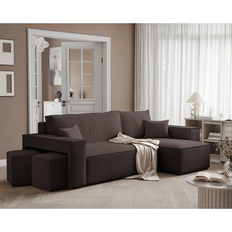 Ecksofa Schlafsofa Sofa ADARA inkl. Hocker Stoff Poso Dunkelbraun Ottomane Rechts