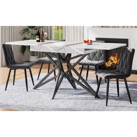 Set da pranzo con tavolo allungabile e 4 sedie, MDF effetto marmo bianco e metallo, sedie in velluto grigio scuro, 120/160x80 cm (1/5)