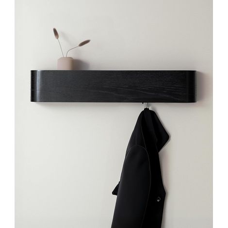 Porte-Manteau Mural Bois Design Moderne avec Crochets Muraux Cachés Panneau en Placage de Bois Massif Chêne, noir (1/4)