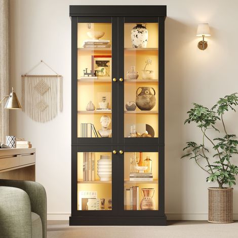 Armoire vitrine led 80x40x180cm avec portes vitrées éclairage d'ambiance et anti-basculement - mdf - noir (1/5)