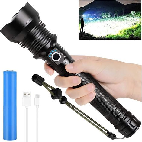 Lampe torche LED rechargeable haute luminosité (90 000 lumens), ultra-lumineuse, zoomable et étanche, avec piles incluses et 3 modes d'éclairage. Lampe torche portable puissante idéale pour les situat (1/5)