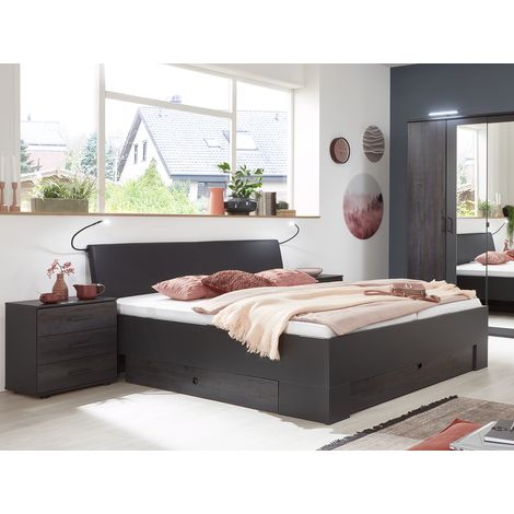 Lit adulte double 160x200 cm Queen Size + 2 chevets coloris gris foncé - Longueur 169 x Profondeur 210 x Hauteur 96 cm -PEGANE- (1/4)