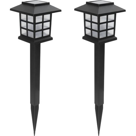 Lot de 2 lampes solaires LED étanches pour jardin, en forme de petite maison, à planter dans un piquet, lumière blanche. (1/5)
