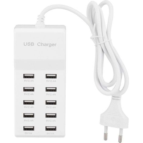 Caricabatterie da parete USB Fdit a 10 porte, stazione di ricarica USB multiporta, hub USB da viaggio 100-240 V con cavo per più dispositivi (UE)