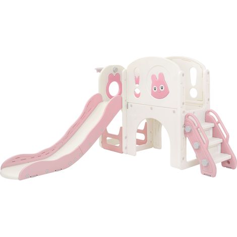 Joyz Toboggan Enfants avec Structure d'Escalade, Aire de Jeux 5 en 1 avec Panier de Basket, Télescope, Allée, Tunnel et Espace de Stockage, Intérieur et Extérieur, Dès 3 Ans, Plastique HDPE Rose (1/5)