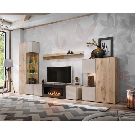 Ensemble meuble TV Catalina avec cheminée bioéthanol et vitrine LED - Bois MDF cachemire et chêne Viking - 320 x 197 x 45 cm - Livraison gratuite (1/4)