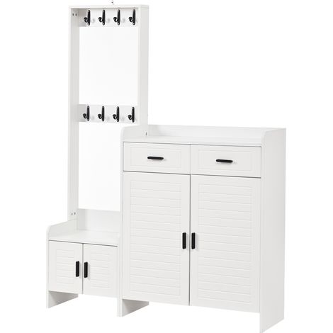 Weiße Flurmöbel mit Schuhschrank 125 x 32 x 165 cm, 2 Schubladen, 2 Türen, 8 Haken (1/5)