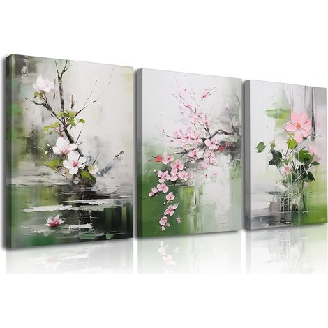 Peinture Art Mural En Toile De Fleurs, Vert Tableau Sur Toile, Impression Sur Toile Printemps, Facile à Accrocher Pour Chambre à Coucher Salon Entrée Hall d'Entrée, 3 Panneaux 30x40cm (90x40 cm) (1/5)