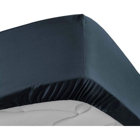 Drap housse - DOUCEUR D'INTÉRIEUR - 90x190 cm - Percale 100% coton - Bonnet 30 cm - Bleu nuit (1/5)