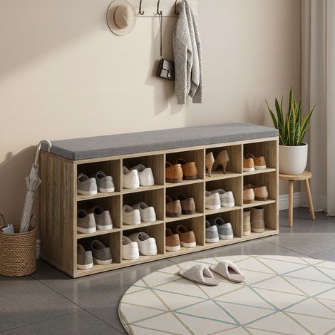 Banc à Chaussures, Banc de Rangement avec Siège Rembourré, 15 Compartiments, Étagères Réglables, pour Salon, Couloir, Couleur Chêne (1/5)