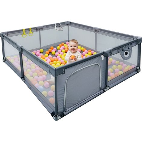 Relaxdays Baby Playpen, 200 x 200 cm, Playpen, 50 Balls, 2 Play Rings, Safe Play Area, Oxford Fabric, Grey