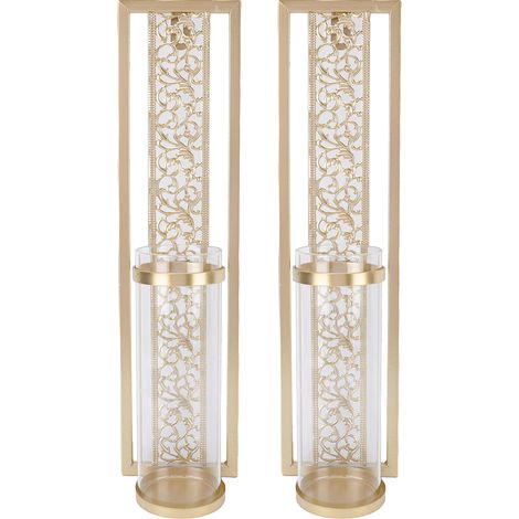 Lot de 2 bougeoirs muraux vintage ajourés en métal avec couvercle en verre, couleur or. (1/5)