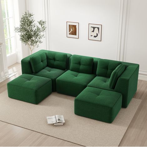 Sofá modular de salón en tela de pana verde con otomana OKWISH (1/5)