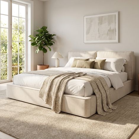 Letto contenitore imbottito in chenille beige DESVIAE (1/5)