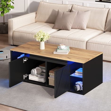 LED-Couchtisch 100 x 50 x 41 cm Schwarz in Holzoptik mit 2 Türen OKWISH (1/5)