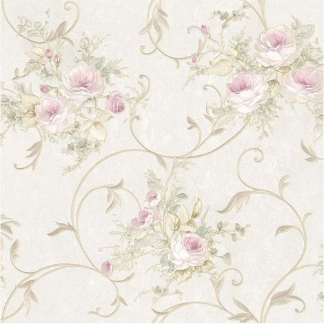 Flowers wallcovering wall Profhome 304202 non-woven wallpaper textured with floral pattern matt pink green cream 5.33 m2 (57 ft2) (1/5)