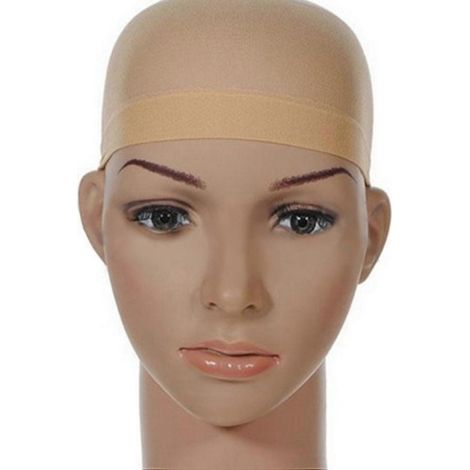 Deux filets à perruque, des bonnets de perruque en maille élastique, une perruque pour femme avec une frange ondulée naturelle brun foncé et une raie sur le côté. (1/5)