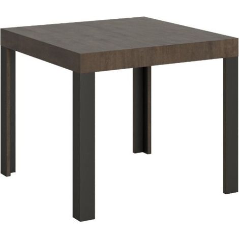 Petite table carrée 90/90 cm extensible 10 personnes 90 à 246 cm bois foncé et pieds métal gris foncé Liva (1/5)